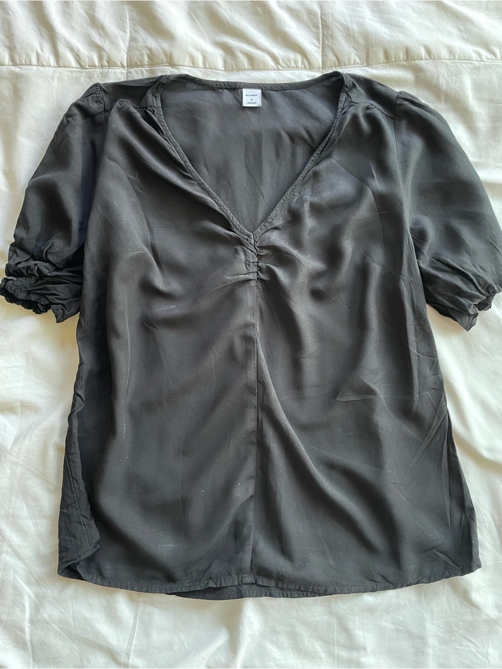 Old Navy Black V-Neck Puff Sleeve Blouse Size Medium